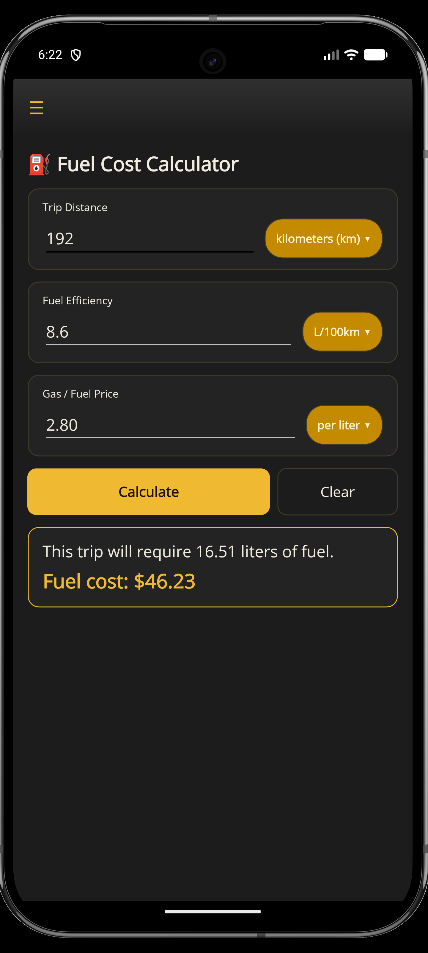 CalcQ navigation menu